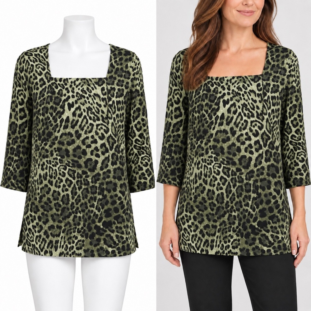 Susan Graver Tunic Women L Green Leopard Square Neck 3/4 Sleeve Liquid Knit Top